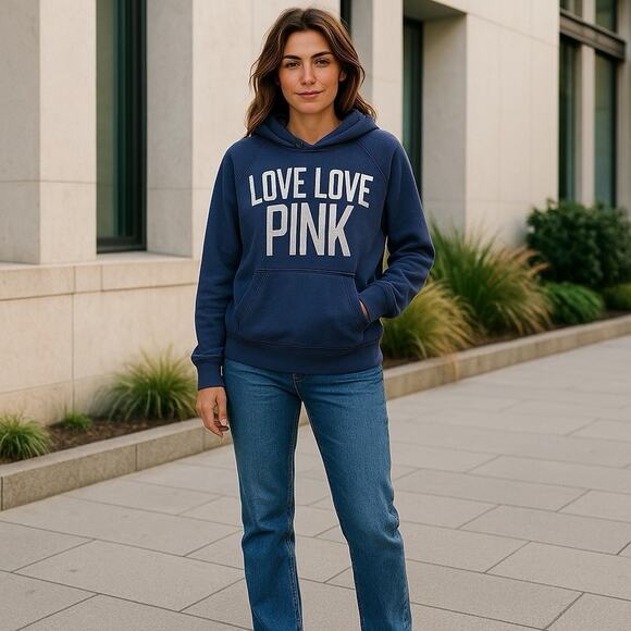 Victoria's Secret Tops - Victoria's Secret PINK Hooded Sweatshirt Blue with White‎ LOVE LOVE PINK Sz Lg